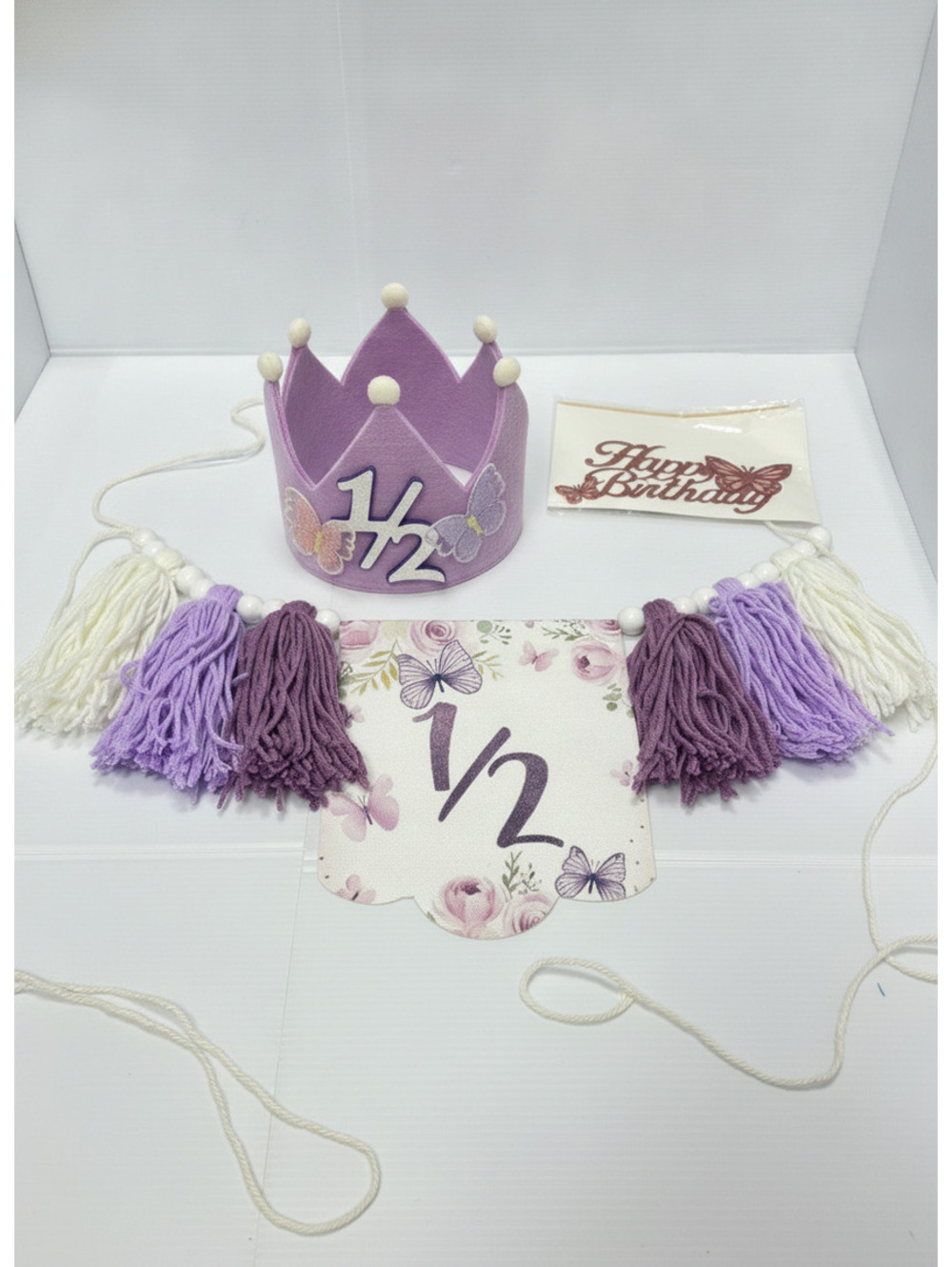 Half Birthday Party Decoration Set with Purple Crown, Tassel Garland For Baby